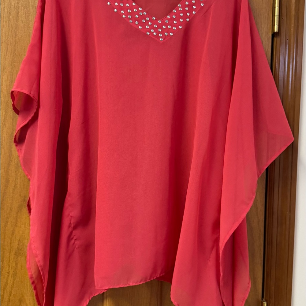 CYN Cynthia Mehra Elegant Flowy Coral Women's Top Embellished Beaded Neckline